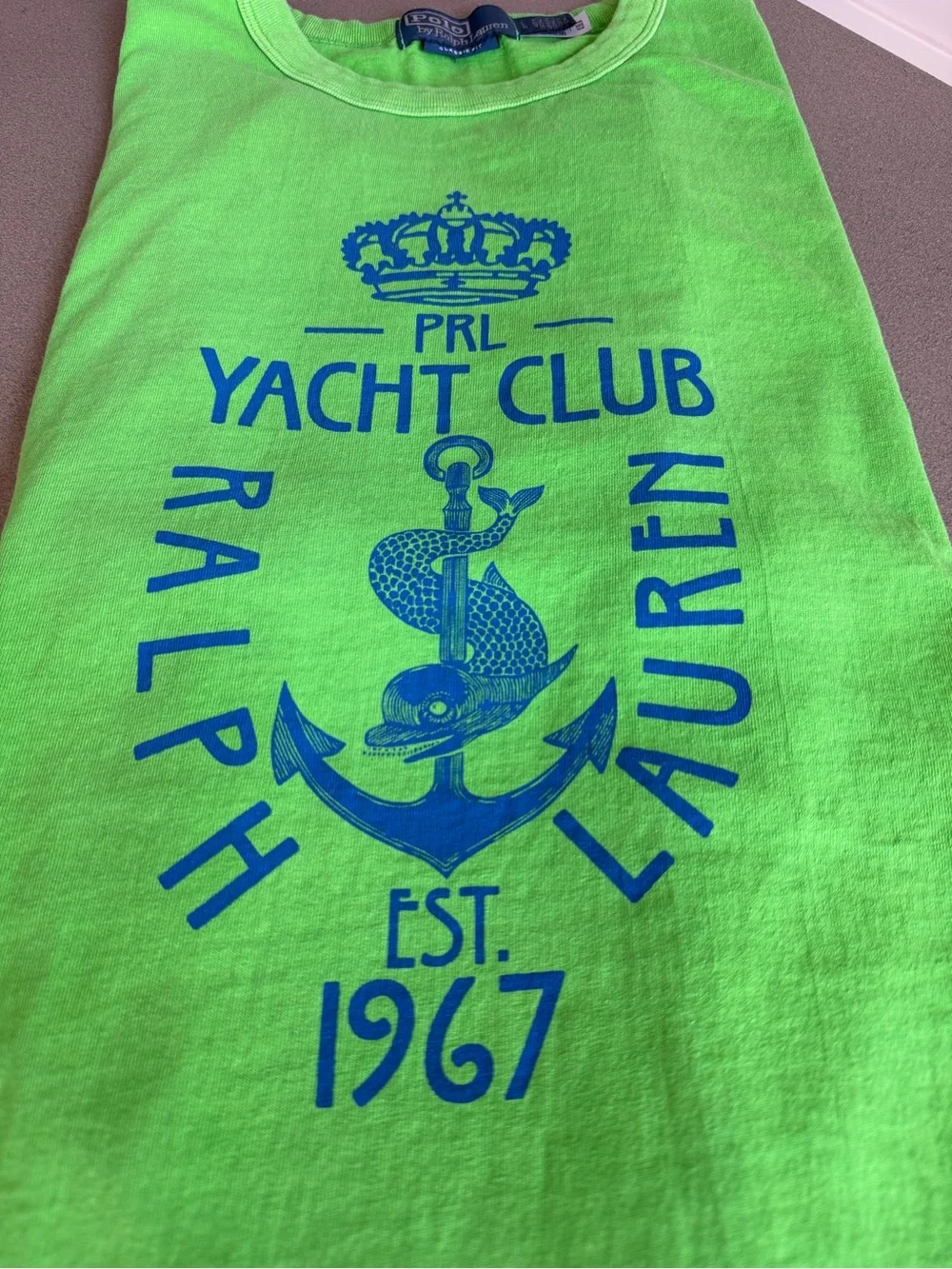 Ralph Lauren Neon Green Tee with Blue Yacht Club Graphic
